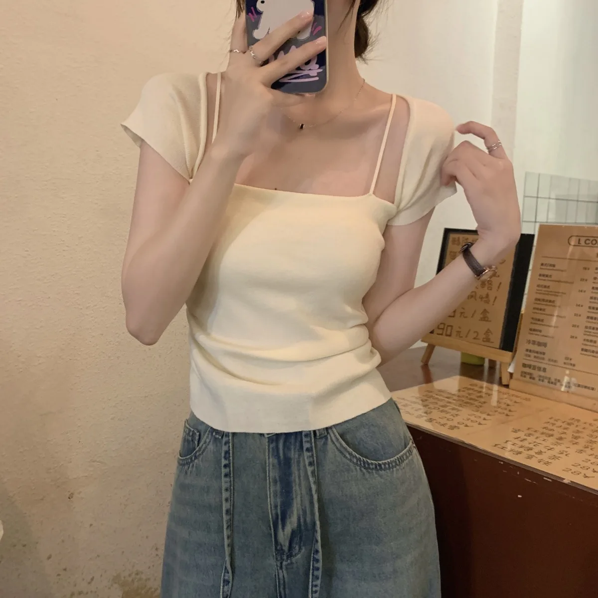 

Summer Korean Version Slim-fitting Square Neck Knitted Sweater Short-sleeved Women's Top Ins