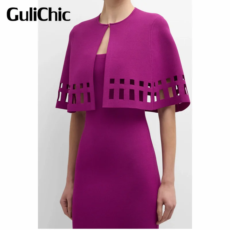 

7.25 GuliChic Women Fashion Cutout Knit Cape Short Cardigan Or Solid Strap Gown Stretch Slim Hollow Out Bottom Dress Elegant Set