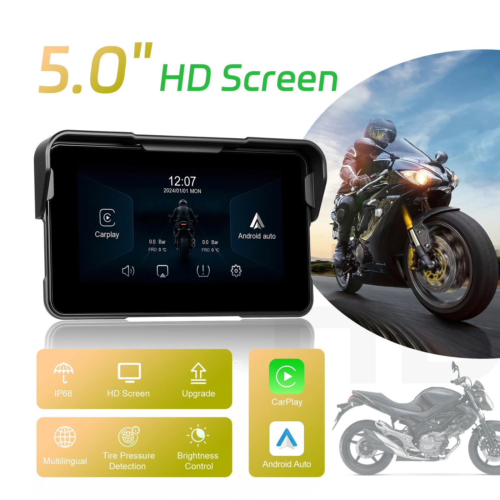 new Podofo 5 Inch Portable Motorcycle IPS Screen with Wireless Carplay/Android Auto BT IP68 Waterproof Easy Quick Release Factor