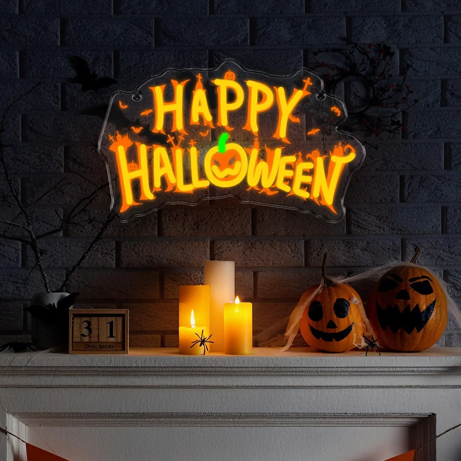 Happy Halloween Pumpkin LED Neon Sign for Wall Decor USB Powered Light Up Acrylic With Hooks Kids Room Living Room Party Decor