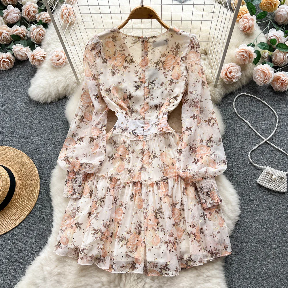 Sweet Floral Print Slip A-line Mini Dress Women's Spring Autumn French Sexy New Fashion Vestidos Femininos Frete Grátis J113