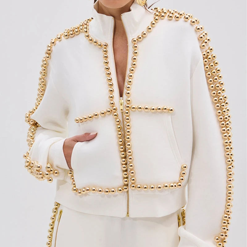 Women Fashion 2 Piece Outfit Sexy Gold Beaded Trim Zip Up Jacket and Wide Leg Pants Sets Elegant Casual Matching Tracksuit Suits