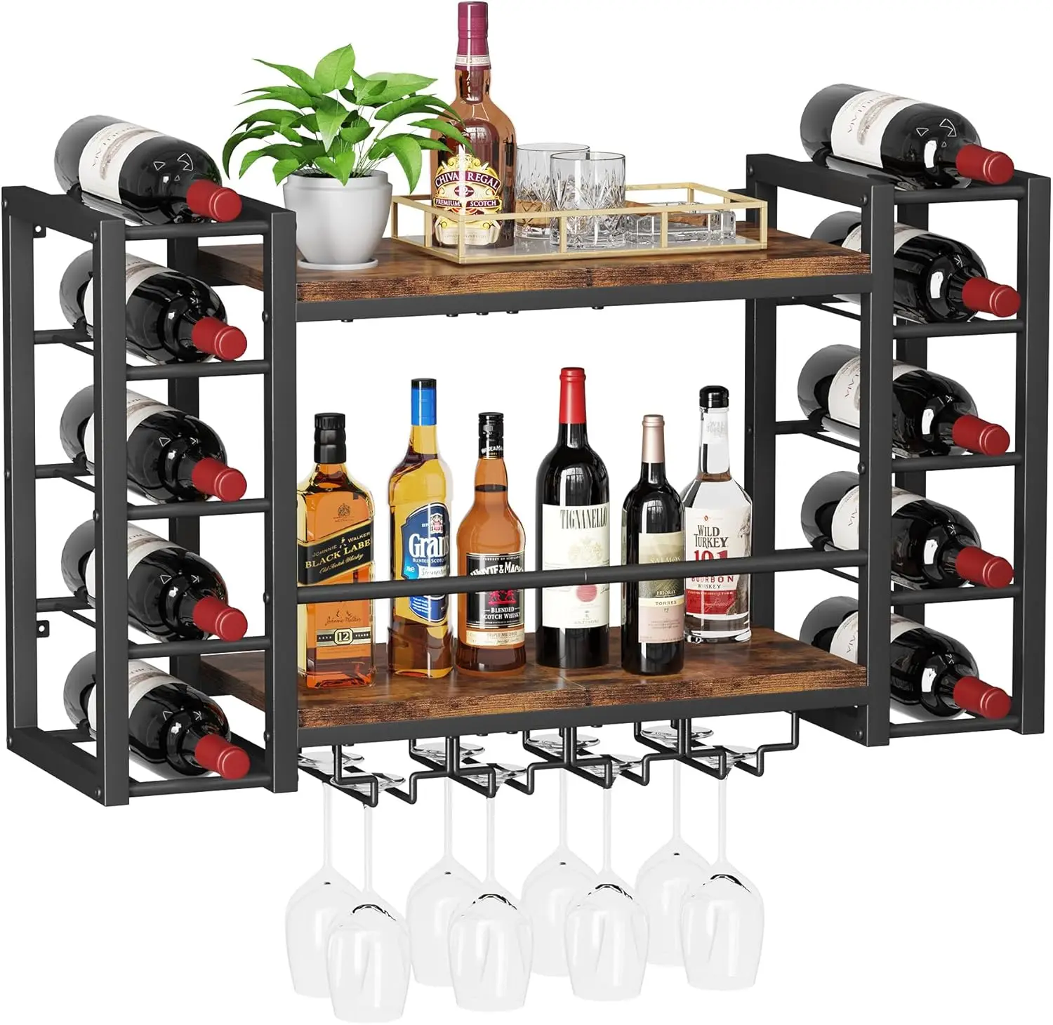 

Wall Mounted Wine Rack for 10 Bottles, Metal Shelf with Top Enclosure, Heavy Duty Black Bar Decor