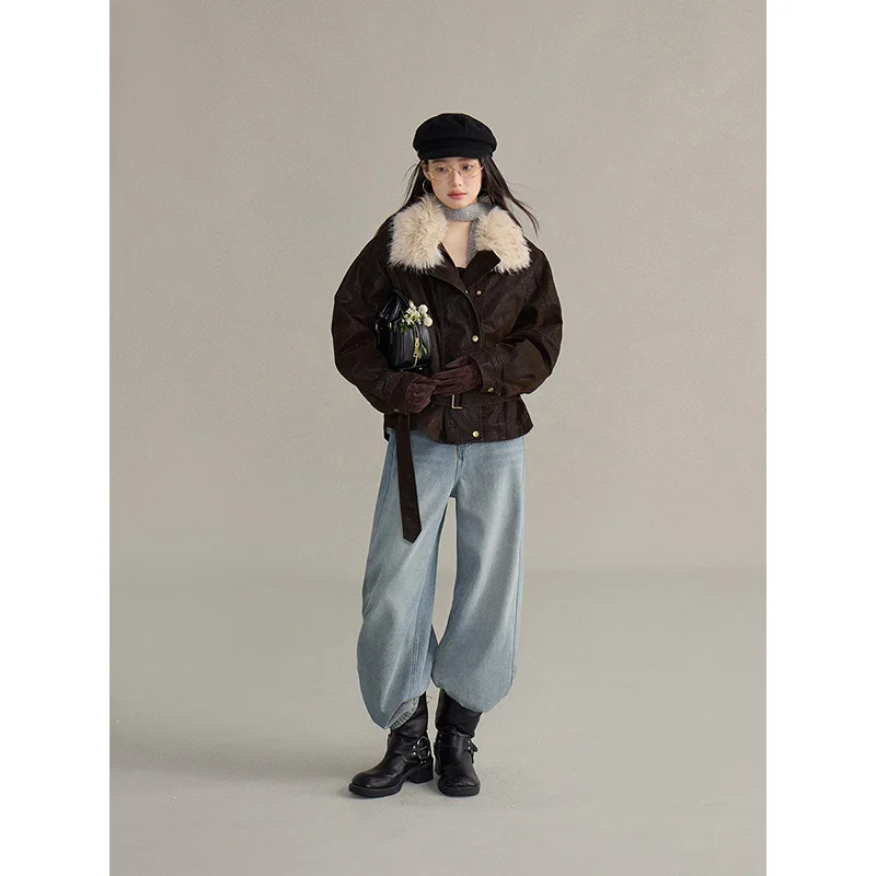 Slergiri Fleece Gevoerde Dikker Bontkraag Pu Leren Jas Vrouwen Mode Nieuwe 2026 Herfst Winter Losse Belted Warme Outerwears