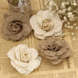 2/3/5pcs 9cm Handmade Jute Hessian Burlap Rose Flowers Vintage Rustic Wedding Decoration Jute Christmas Decorations for home