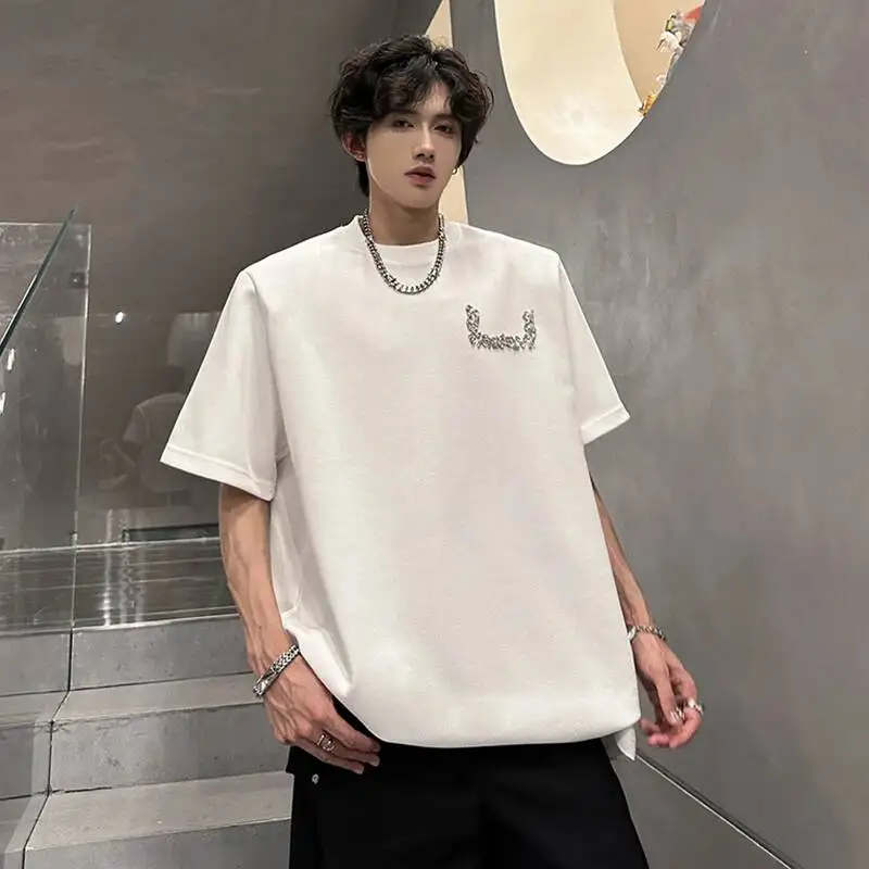 LUZHEN 2026 Summer New Sequin Patchwork Decorate Shoulder Pad Short Sleeve T-shirt Men's Fashion Handsome Round Neck Tops JY6475
