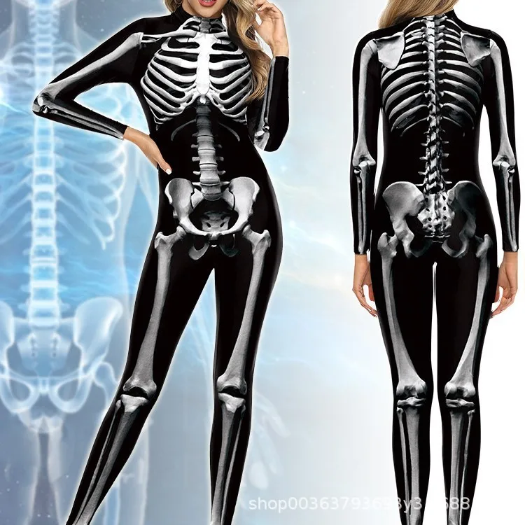 بدلة الهالوين التأثيرية زومبي هيكل عظمي مخيف مطبوعة بدلة Zenti المرنة للحفلات بدلة Zenti للنساء يوم الموتى