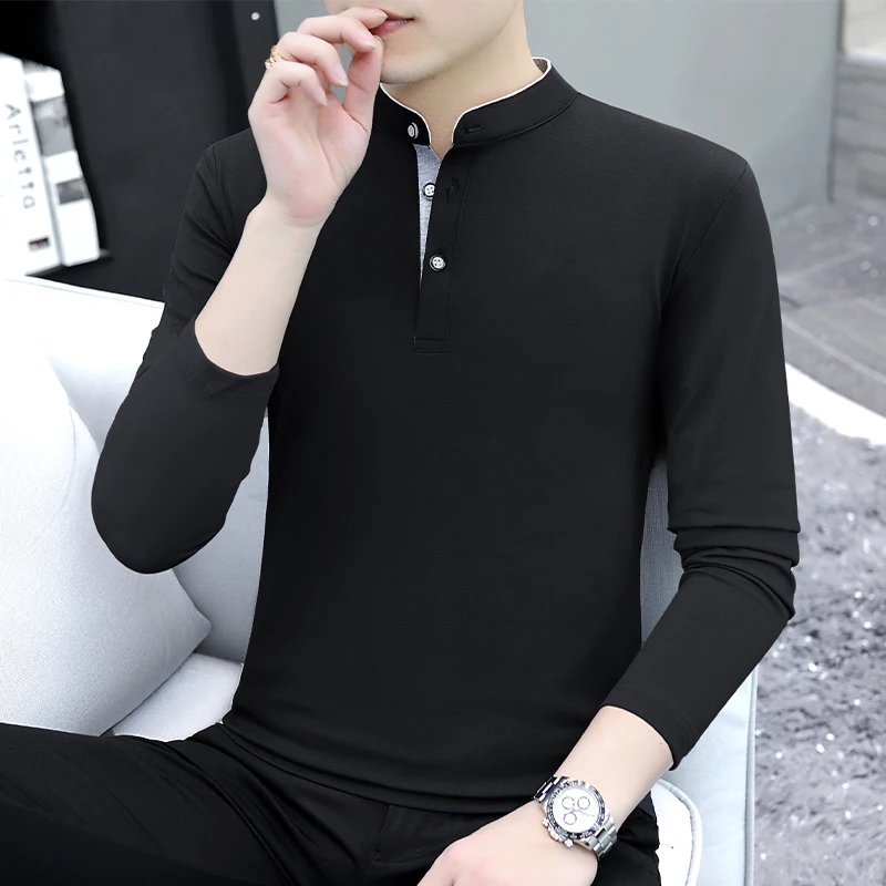 Autumn Men's Fashion Casual Base Long-Sleeved T-Shirt with Small Collar