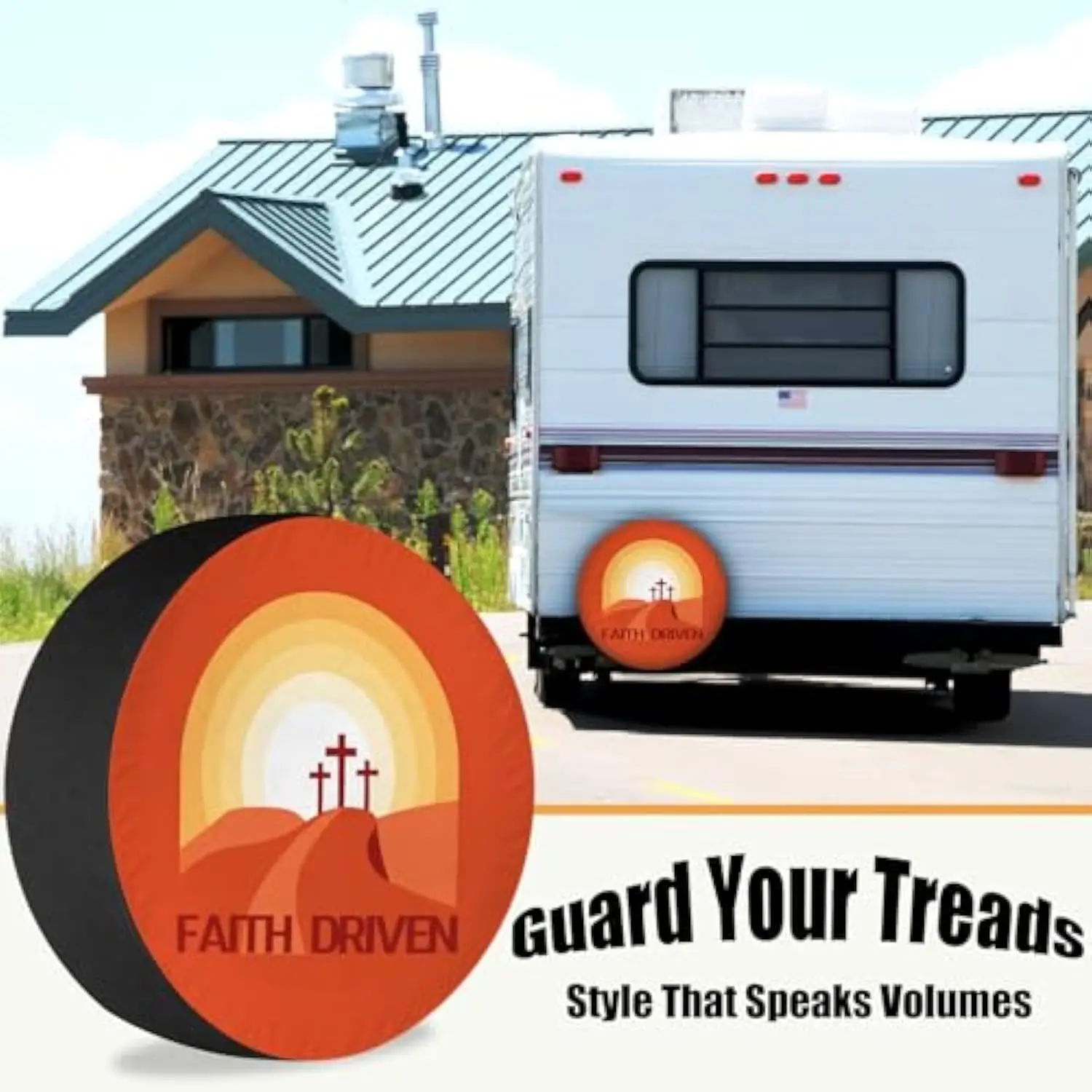 Faith Driven Christian Cross Spare Tire Cover for RV Trailer Wheel Weatherproof Accessory