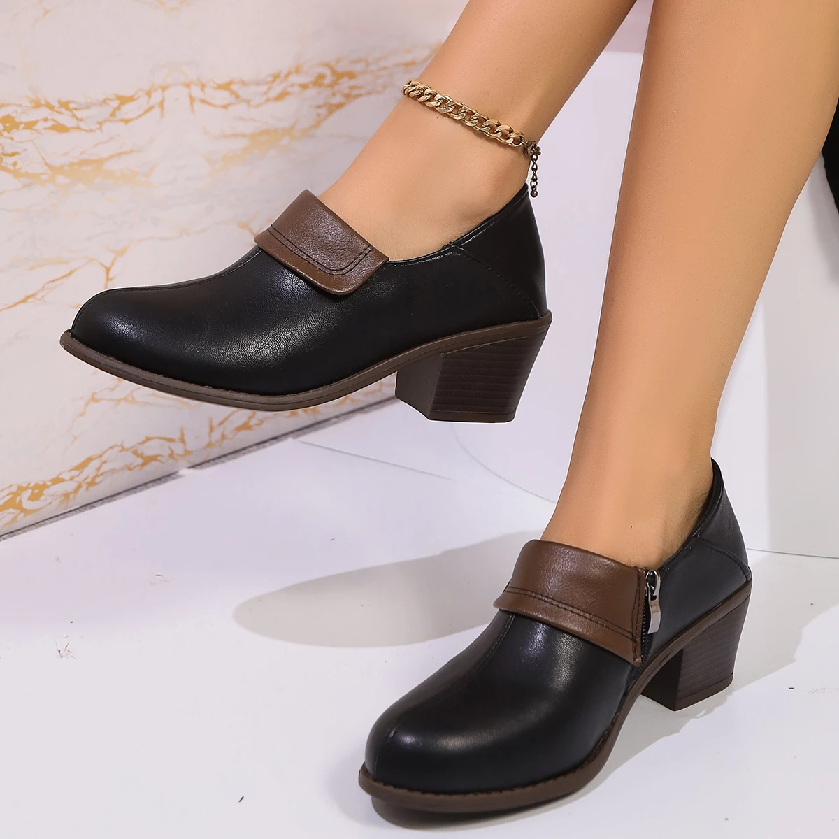 Zapatos de tacón de bloque de boca profunda para mujer, calzado informal, cómodo, a la moda, para primavera y otoño, para uso diario, para oficina y mamá