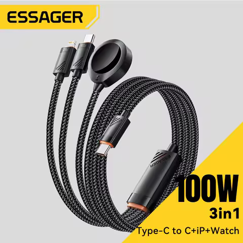 Essager 100W 3 in 1 USB C Charging Cable for Apple iWatch iPhone With Type C Lighting Multi-Charging Cable Magnetic Watch Charge