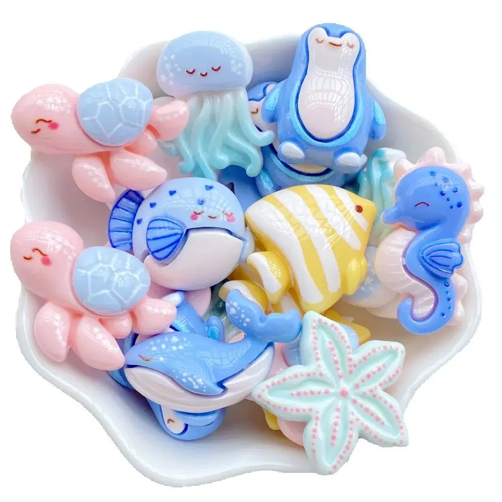 10pcs Colorful Resin Cartoon Penguins, Whales, Turtles, Starfish, Small Fish Figurine Flatback Scrapbook DIY Decor Craft