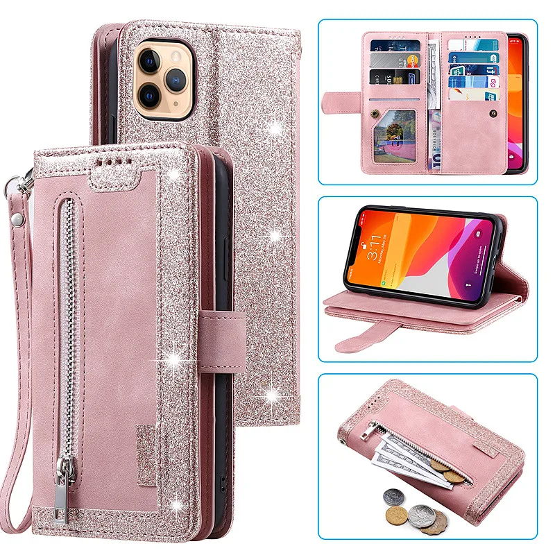 Double Layer Zipper Wallet Case for iPhone 16 Pro Max 16 Plus 15 Pro 14 Pro Flip Cover for iPhone 16 15 14 13 12 11 XR 7 8 SE