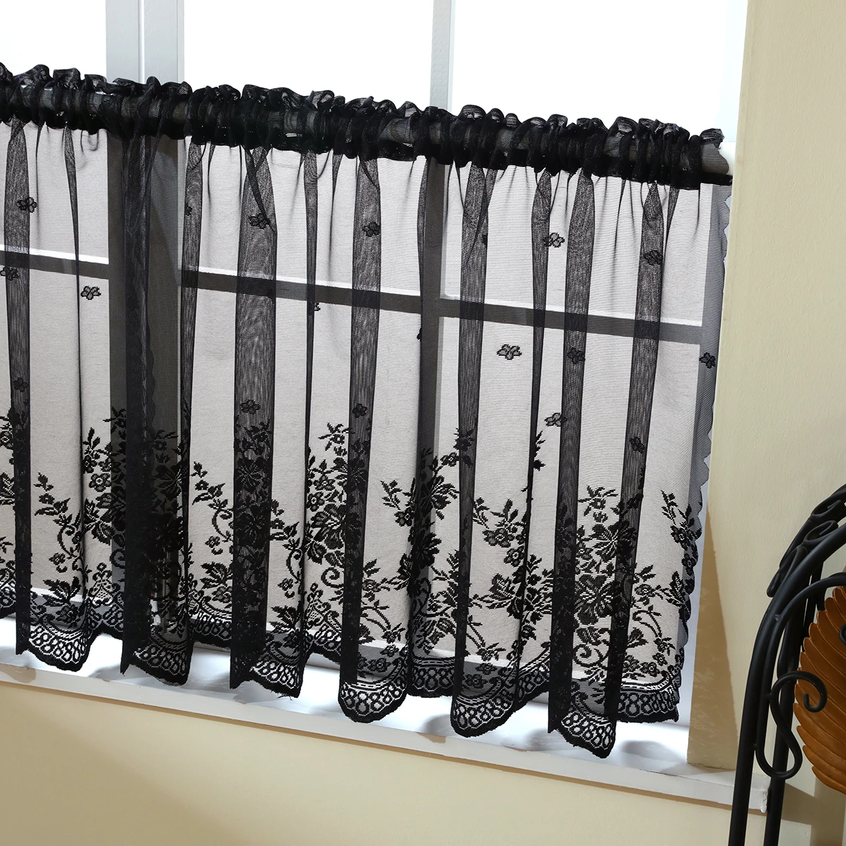 1pc Black Lace Short Curtain,Exquisite Floral Pattern Valance,Window Valances Pastoral Tulle Voile Home Decor Kitchen Decor