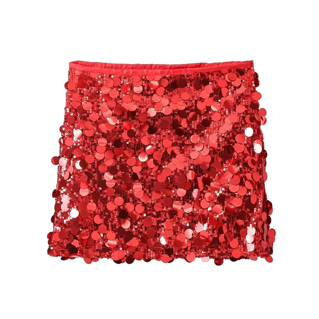 Women Fashion With Sequined Mini Skirt Solid Side Zipper Sexy A-LineSkirt Vintage High Waist Female Chic Lady Skirts