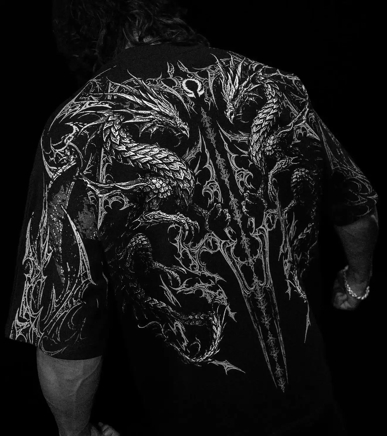 Men's Double Dragon Pattern T-shirt Gothic Dreamy Dragon Back Printed Dark Metal Street Wear Loose Short Sleeve T-shirt image 2