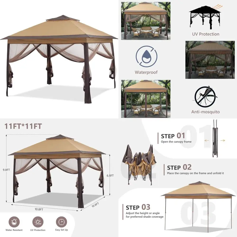 

11x11 Открытая всплывающая палатка с навесом и сеткой, беседка на заднем дворе, портативное укрытие, коричневый цвет, идеально подходит для мероприятий и отдыха на свежем воздухе