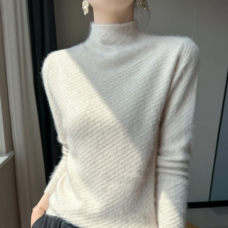 

Autumn Winter New 100% Mink Cashmere Clothing Women's Half High Neck Pullover Slim Fit Fashion Knitted Bottom Top Warm Long Slee