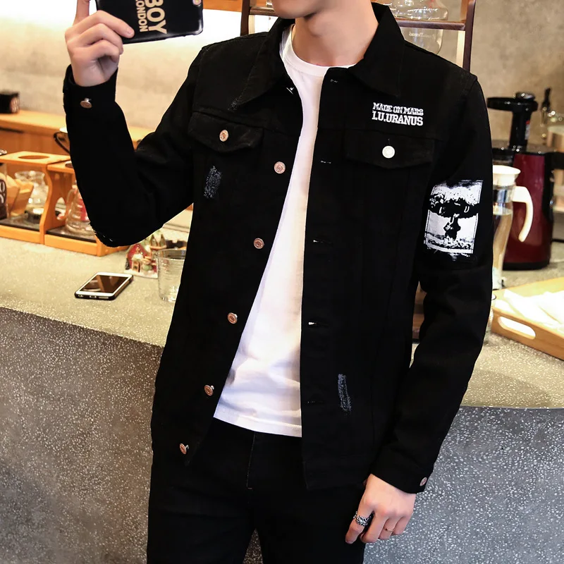 Spring Autumn 2021 Casual Streetwear Men\'s Korean Trendy Jacket Youth Slim Handsome Clothes Men\'s Black Denim Jacket