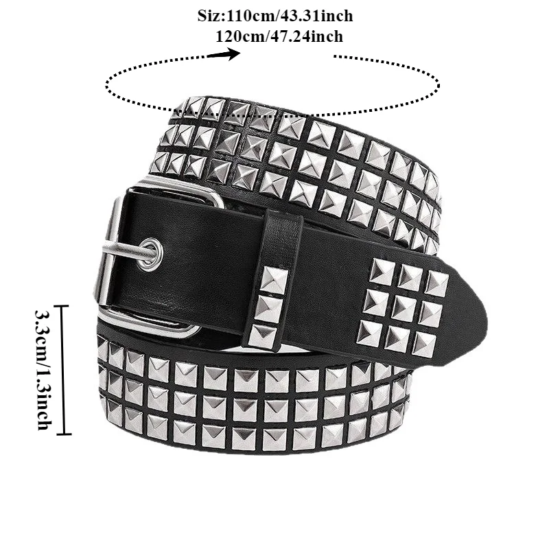 Fashionable Belt with Metal Square Beads Cool Leather Belt Trendy Studded Western-Style Punk and Star-Patterned Unisex Belts