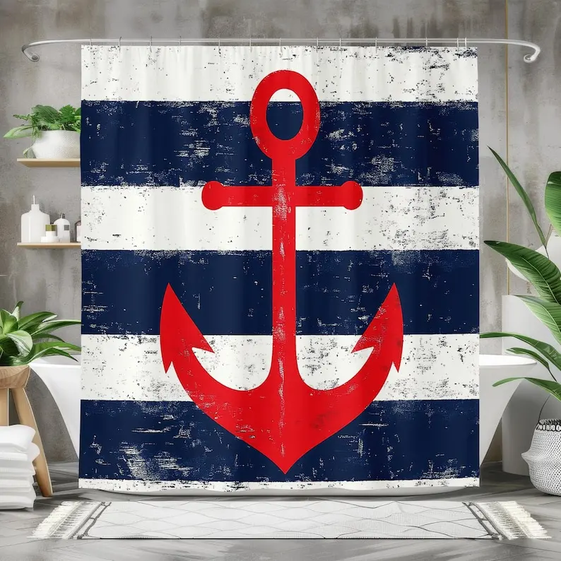 

Nautical Anchor Shower Curtain, Striped Bath Curtain, Bathroom Decor, Red Anchor Design, Waterproof Fabric