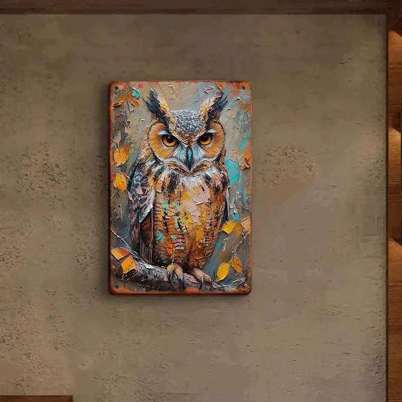 1PC Vintage Owl Oil Painting Metal Iron Sign Home Bar Cafe Garage Decor 8x12 Inch with Pre-drilled Hooks Waterproof Easy To Hang