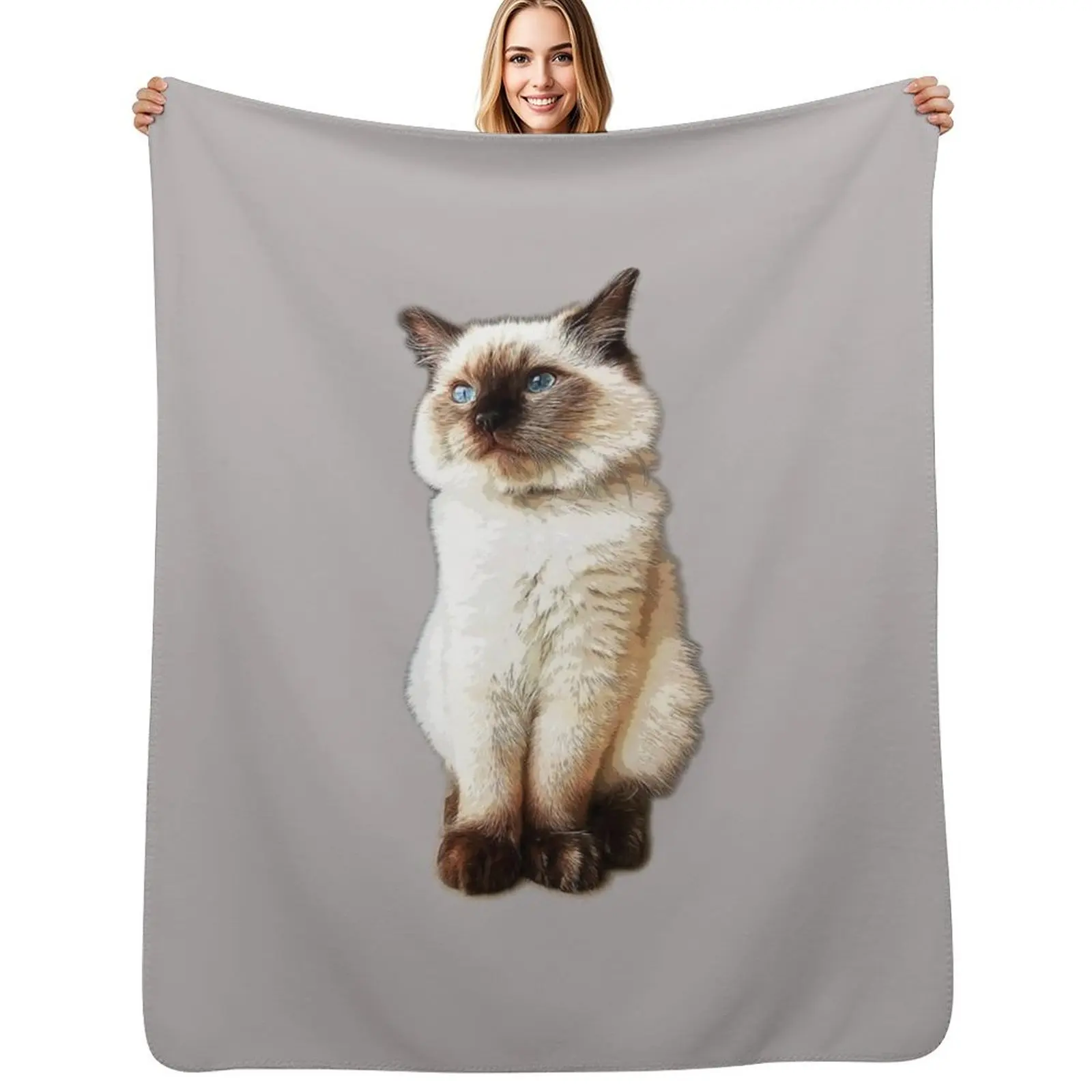 Manta de Piel Sintética Suave y Cálida para Cama, Diseño de Gato Ragdoll, Gatito Birmano y Birmano Seal Point
