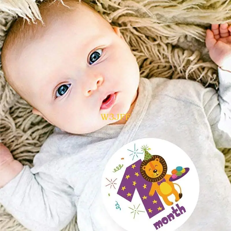 W3JF 12 قطعة/المجموعة كارتون الحيوان الطفل ملصقات شهرية التصوير الفوتوغرافي بطاقة تذكارية