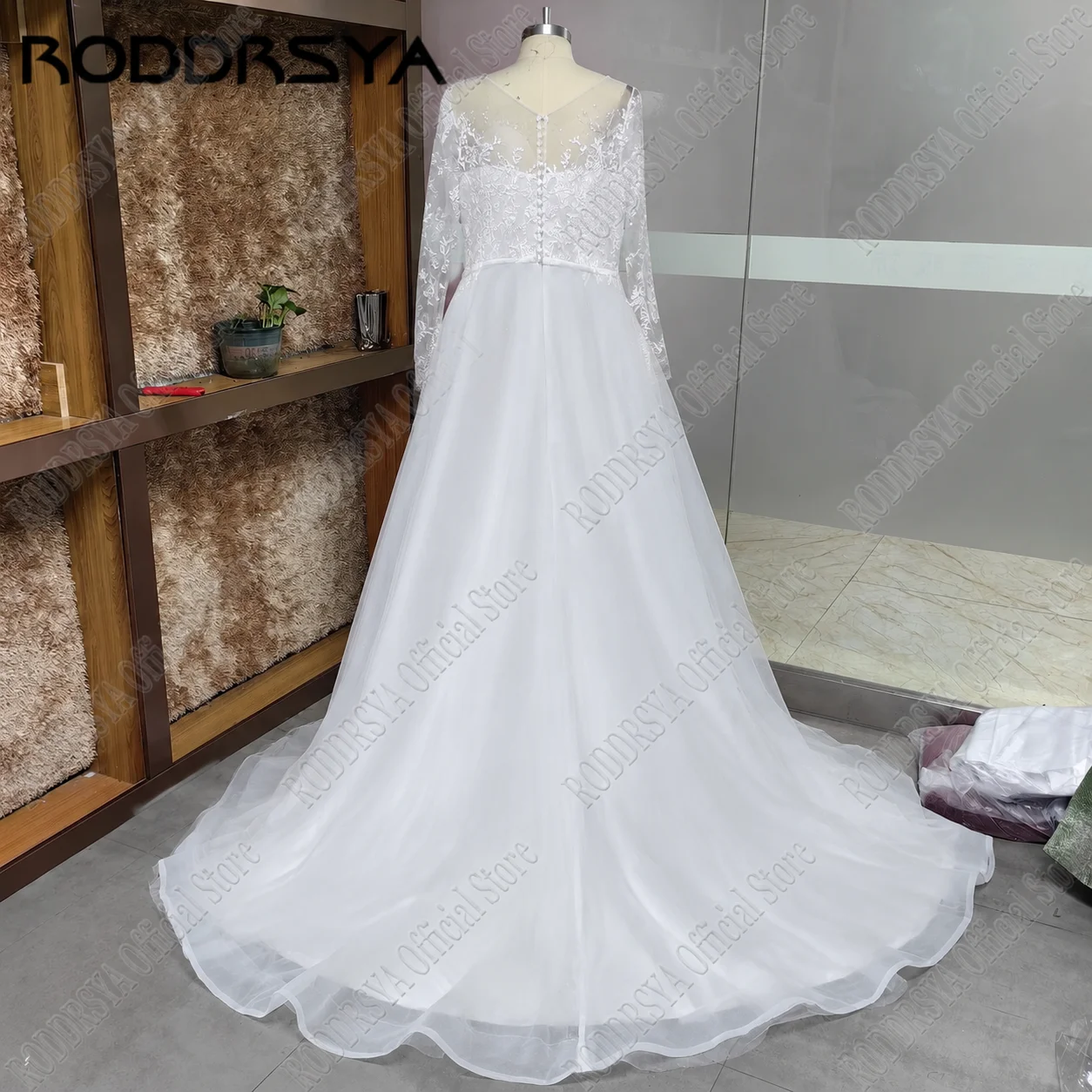 Organza Hochzeit Kleider Für Frauen 2021 Spitze Applique Perlen Oansatz Langarm Hochzeit Kleid Strand Brautkleider – Detail 11