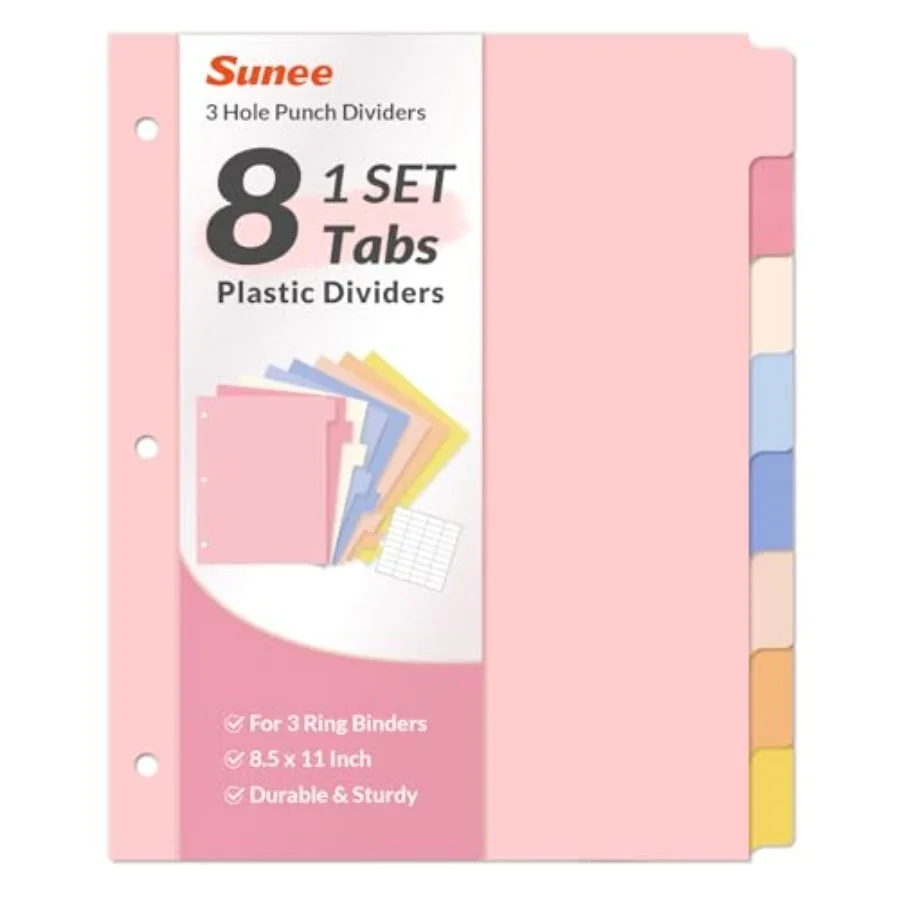 

8 Tab Binder Dividers, Plastic Dividers for 3 Ring Binder, 3 Ring Binder Dividers with Tabs for School Office Home Supplies, Pa