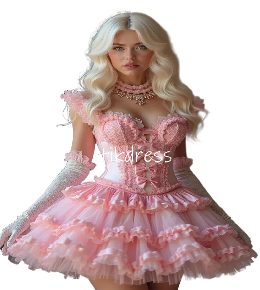 

Розовое платье для выпускного вечера с изображением эльфа, милое кружевное платье с оборками, короткое вечернее платье для косплея, трапециевидная юбка в стиле Лолиты, коктейльная юбка на день рождения по индивидуальному заказу