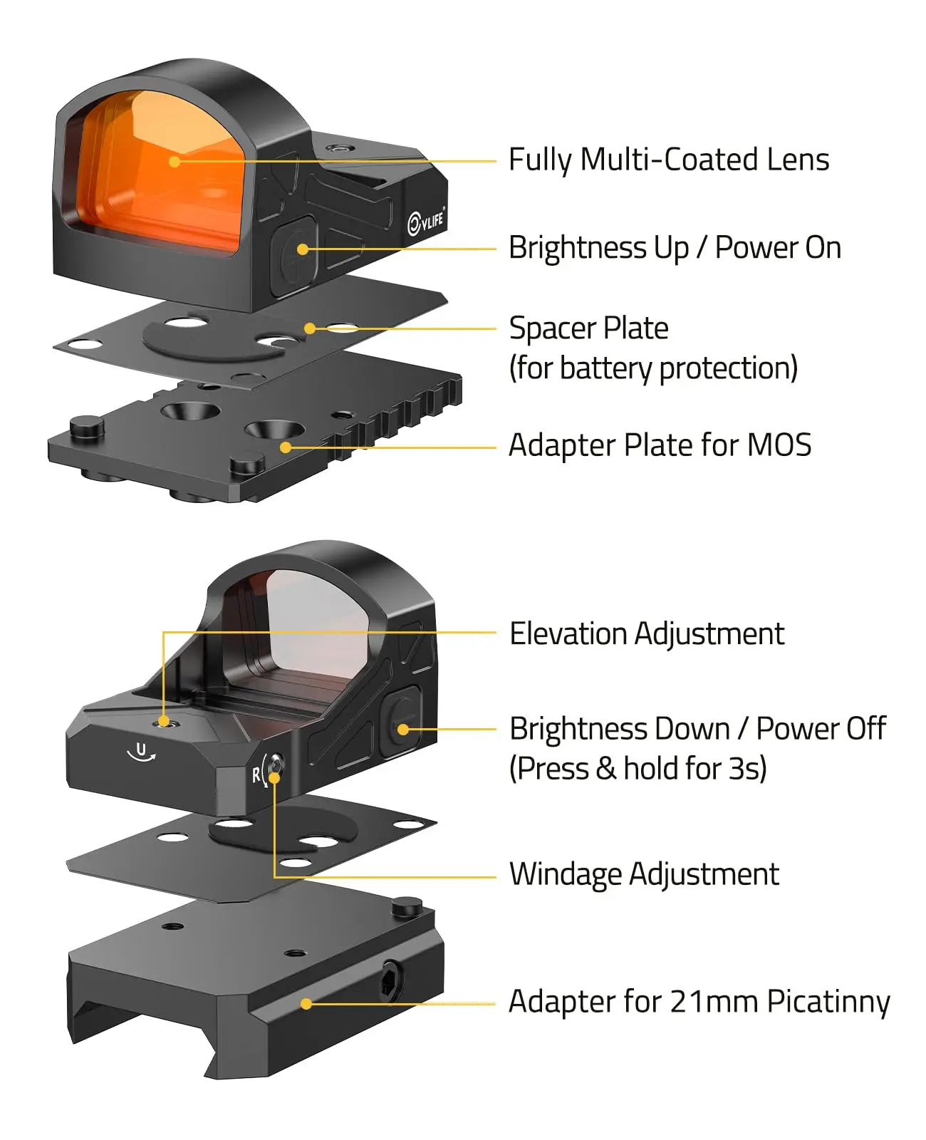 

Прицел CVLIFE Motion Awake Red Dot Sight 2 MOA, ультранизкопрофильный, с адаптером для G-lock MOS и 21-мм планки Пикатинни