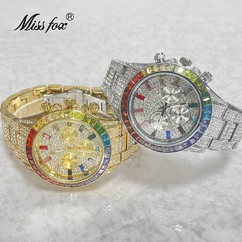 Hot Sell MISSFOX Iced Out Watch For Men Hip Hop Bling Quartz Clock Fashion Rainbow Diamond Jewelry Wristwatch Man Dropshipping