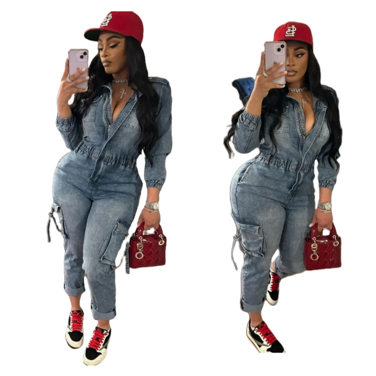 Denim Jean Jumpsuit Women Winter Fall Clothes Pocket Cargo Long Pants Y2K Streetwear One Piece Denim Fashion Rompers Jumpsuit