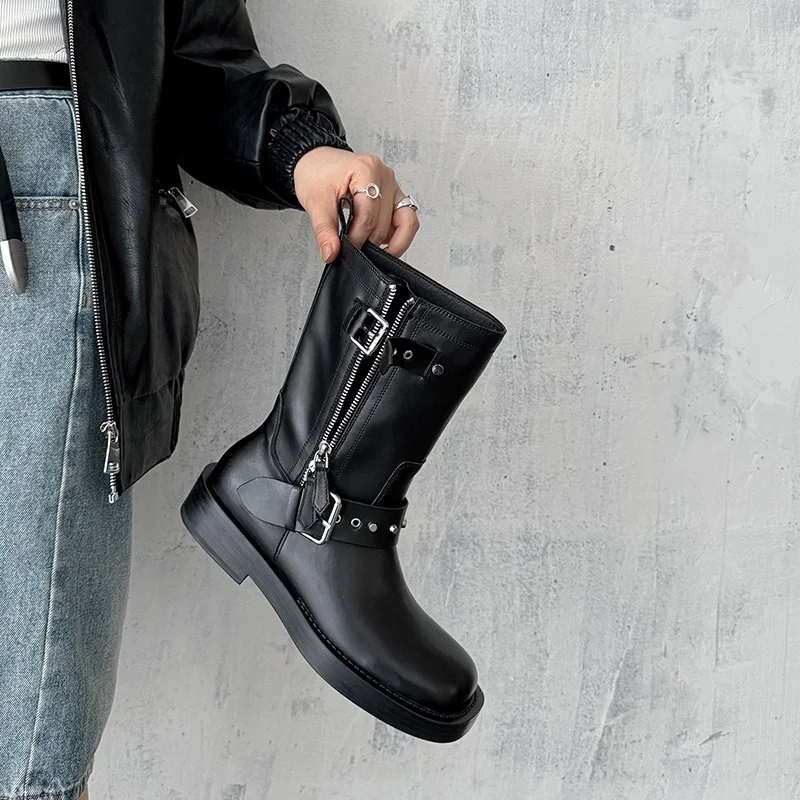 Women Mid Calf Boots Genuine Leather Round Toe Low-heel Thick Sole Solid Belt Buckle Fashion Simple Shoes British Style Boots