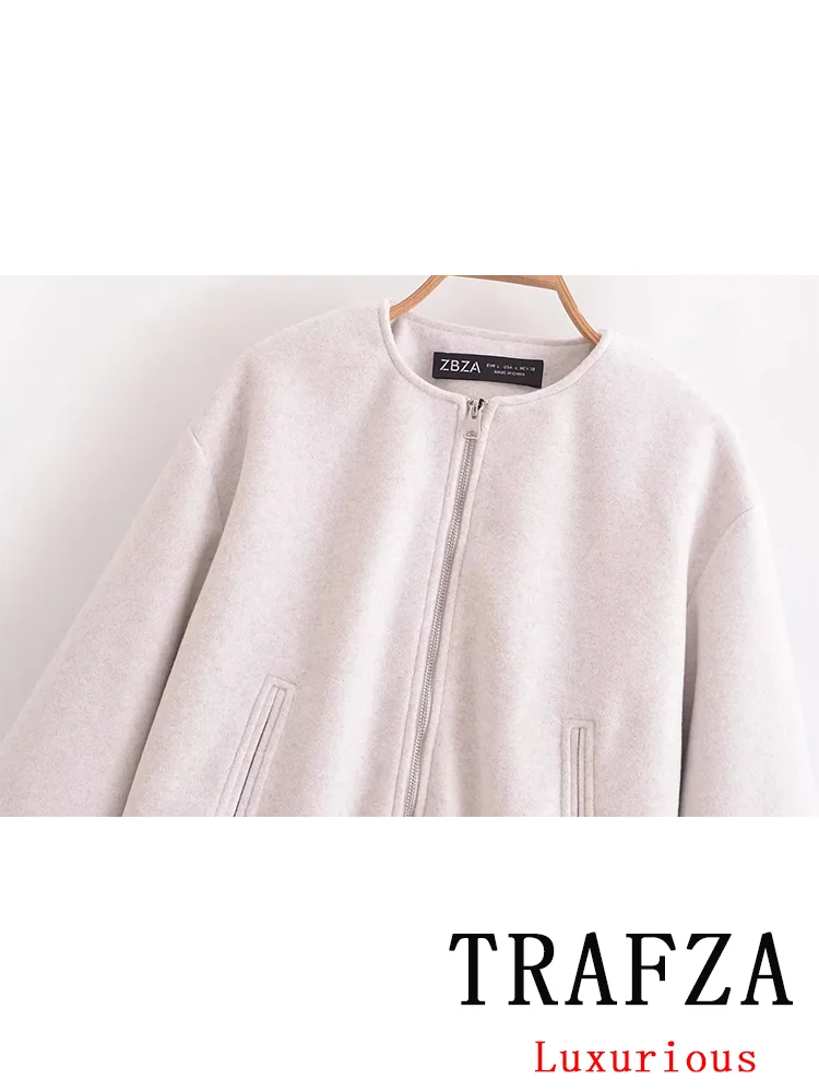 TRAFZA Vintage Chic Women Jackets Solid O-Neck Zippers Long Sleeve Coats New Fashion 2024 Autumn Winter Office Lady Jackets