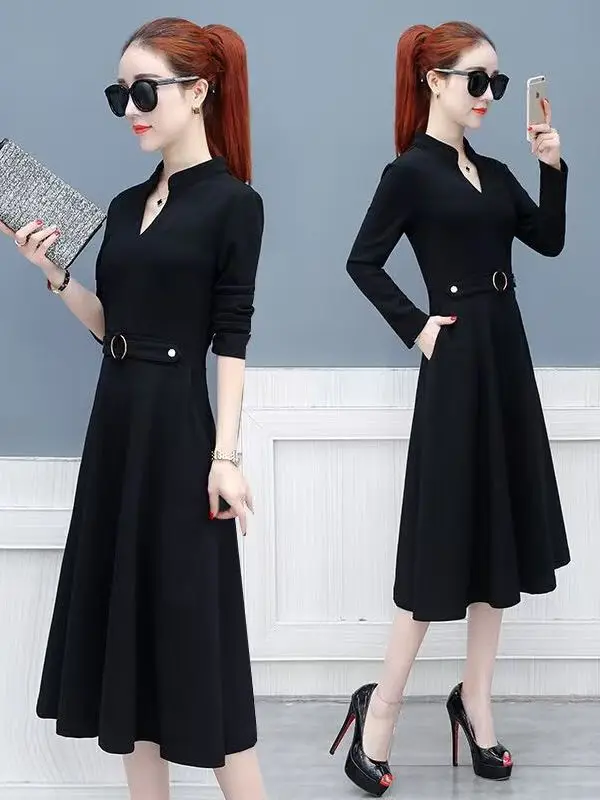 

Элегантное платье А-силуэта средней длины с длинным рукавом для женщин среднего возраста, весна-осень, модное, немнущееся, из полиэстера