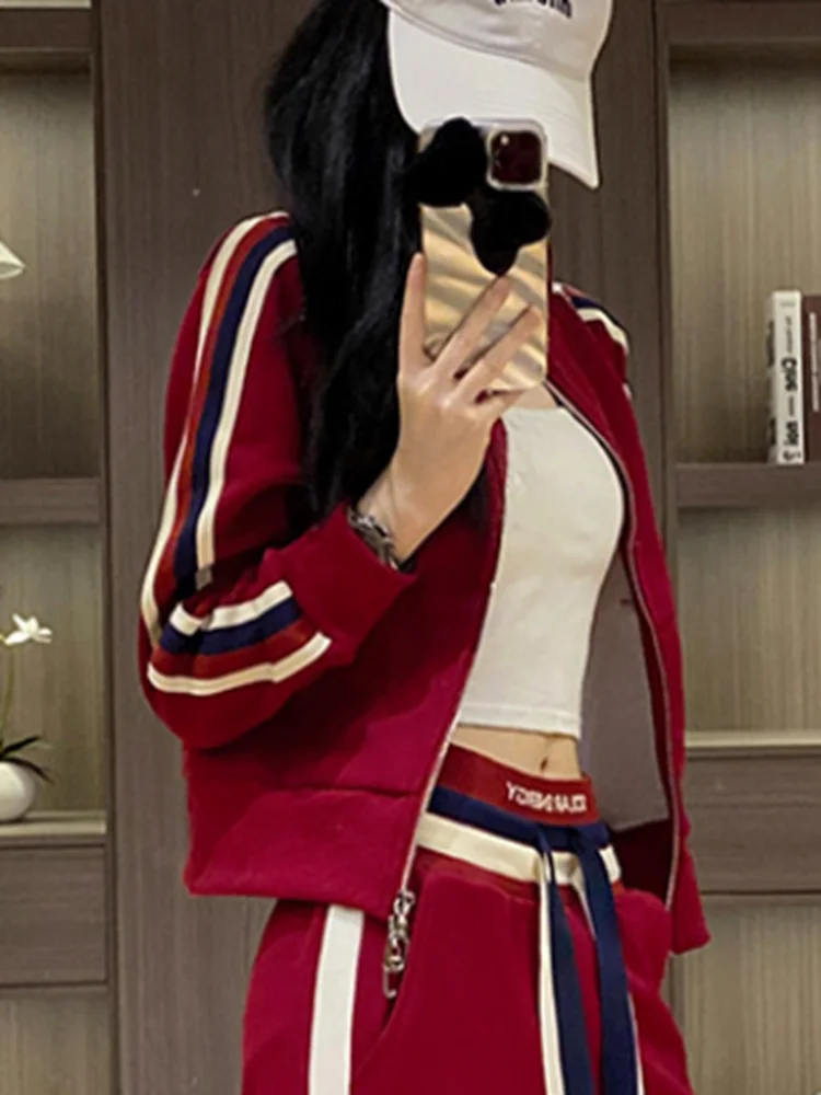 

New Red Women's Casual Fashion Youth Sports Leisure Zipper Blue Long Sleeve Single piece Coat Single piece Long Pants Boyfriend