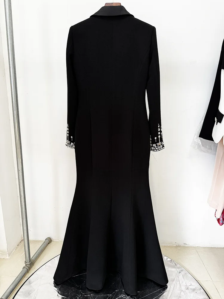 Handmade Studded Diamond Crystal Suit Collar Dress Fish Tail Long Sleeve Black Floor Length Maxi Dresses for Women Wedding