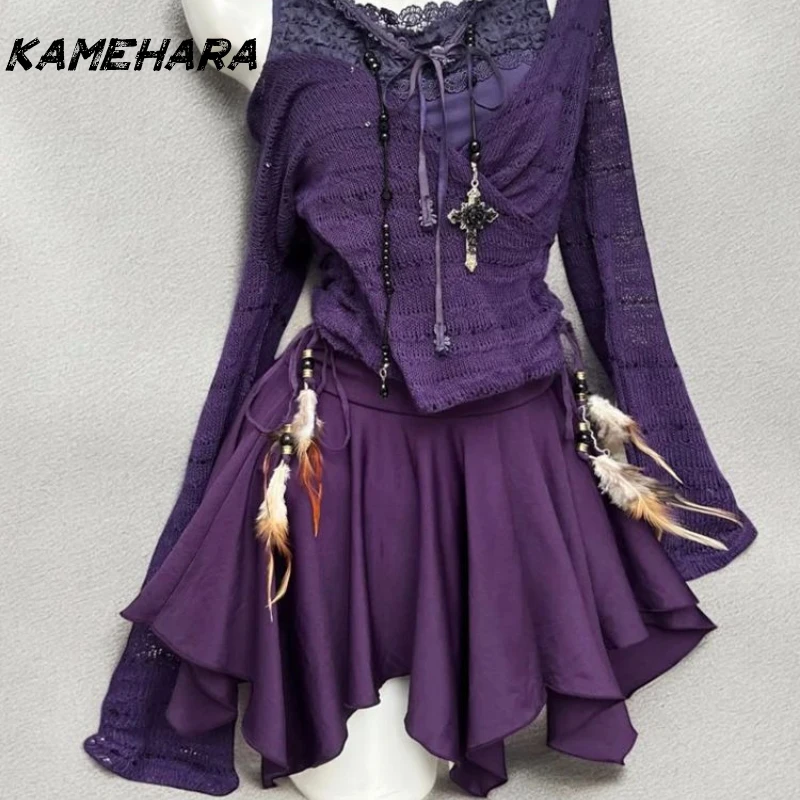 【 Romantic Purple Series 】 Y2K Vintage Outfit 2025 Vintage Cardigan+inner Camisole Top+short Skirt Three Piece Set