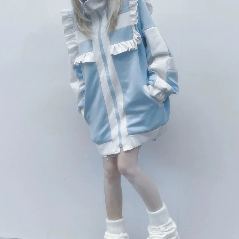 Japanese Sweet Y2k Kawaii Hoodies Loose All Match Cute Contrast Color Women Casual Coat Fashion Ruffled Fairy Zipper Sweatshirts