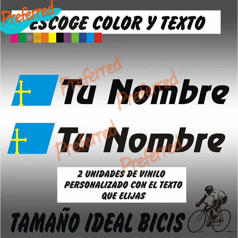 

2X PEGATINAS PERSONALIZABLES BANDERA DE ASTURIAS CON NOMBRE VINILO BICI BIKE Customizable with Any Flag and Text