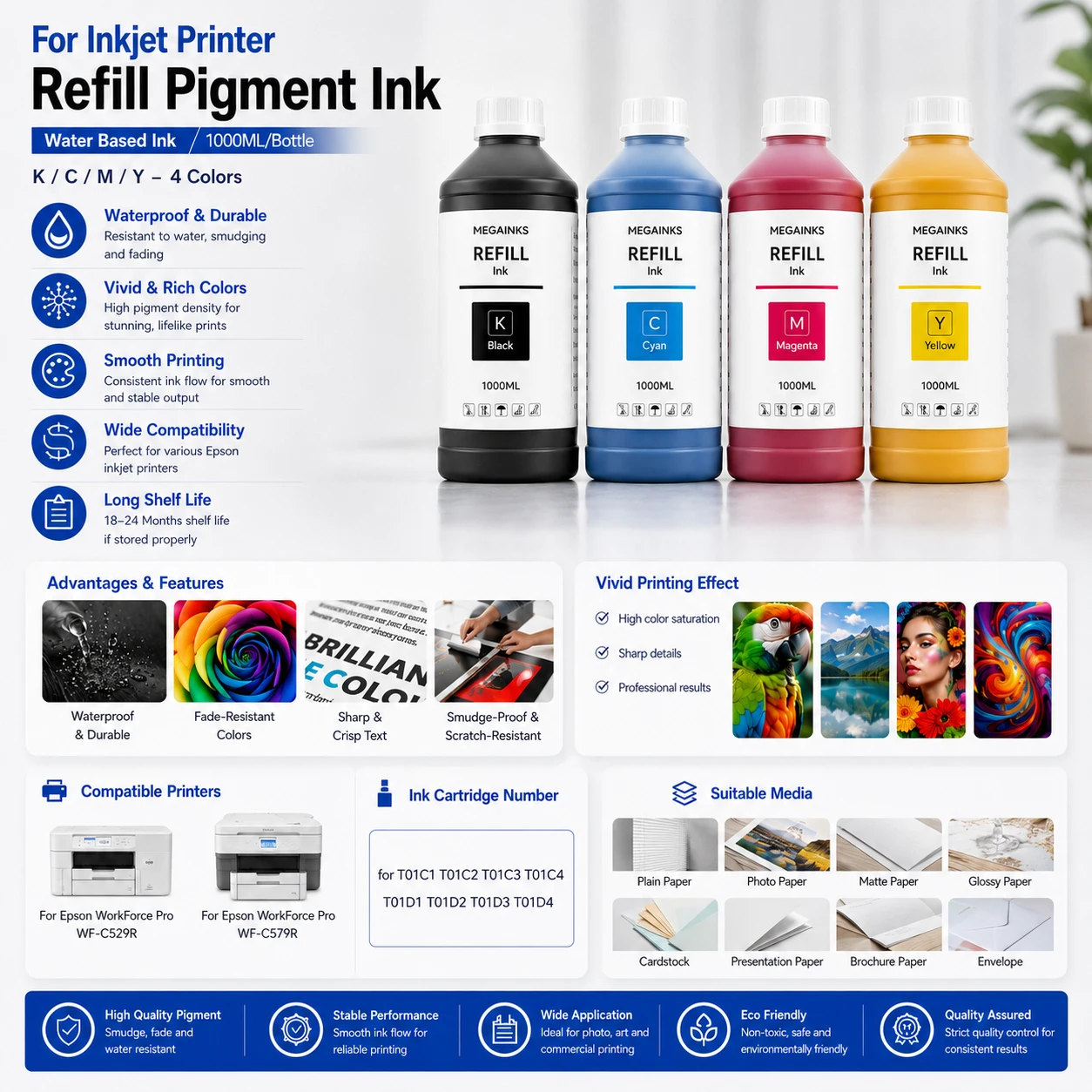 1000ML T01C T01D Pigment Ink T01C1 T01C2 T01C3 T01C4 T01D1 T01D2 T01D3 T01D4 For Epson WorkForce Pro WF-C529R WF-C579R Printer
