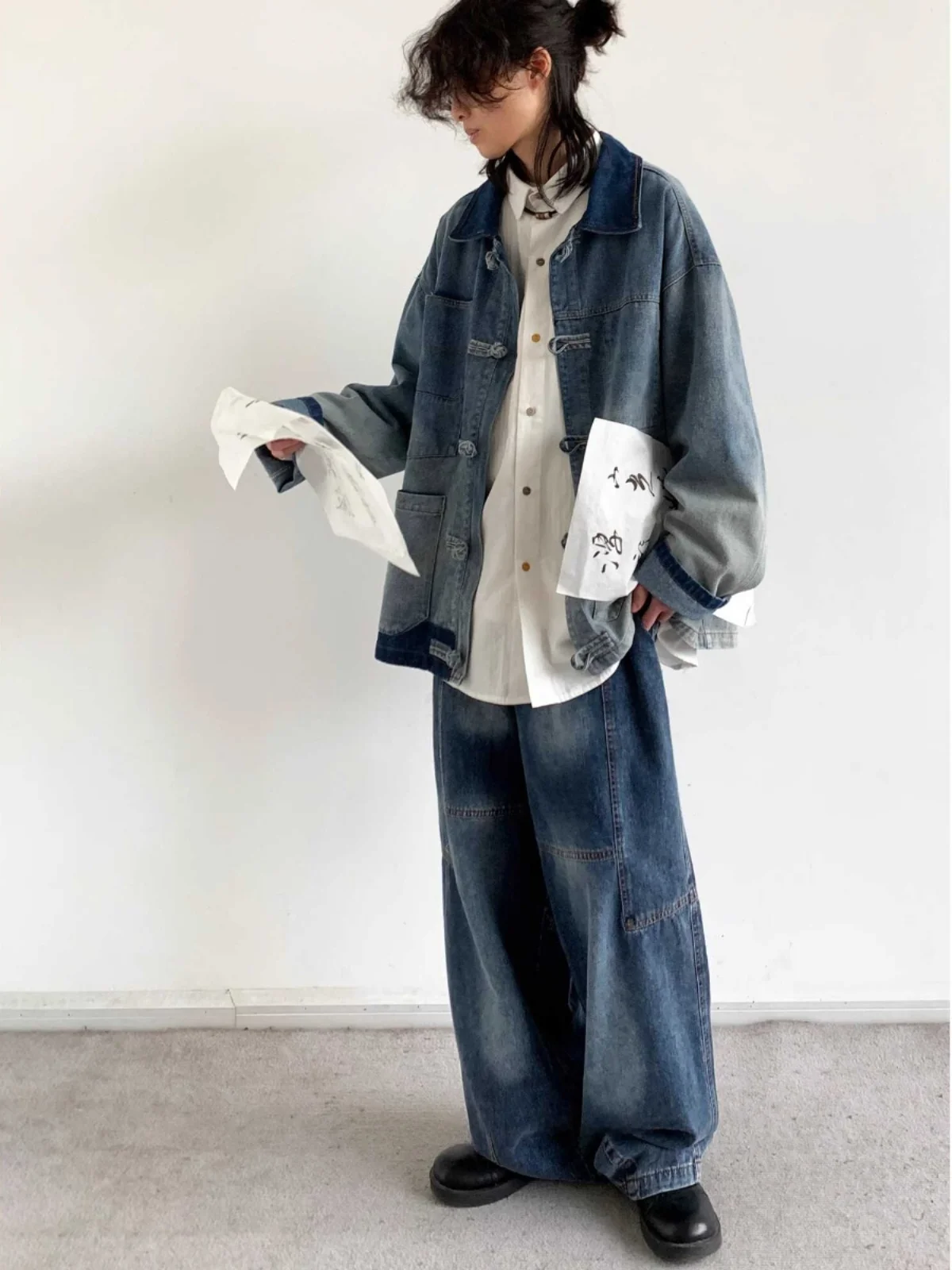 Retro Waed Denim Jaet Loose Fit ex Frühling Herbst Chinesische Nationale Sle Jaet mit Knopfspleißen Trendige Marke