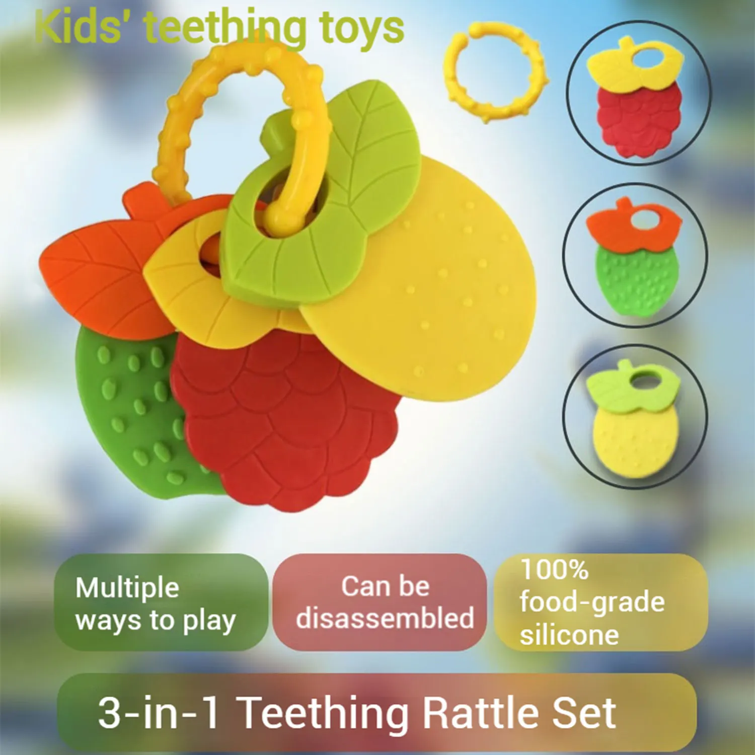 Mordedor de bebê três em um, formato de fruta, mordedor de silicone infantil, fixador de dentes molares, chocalho