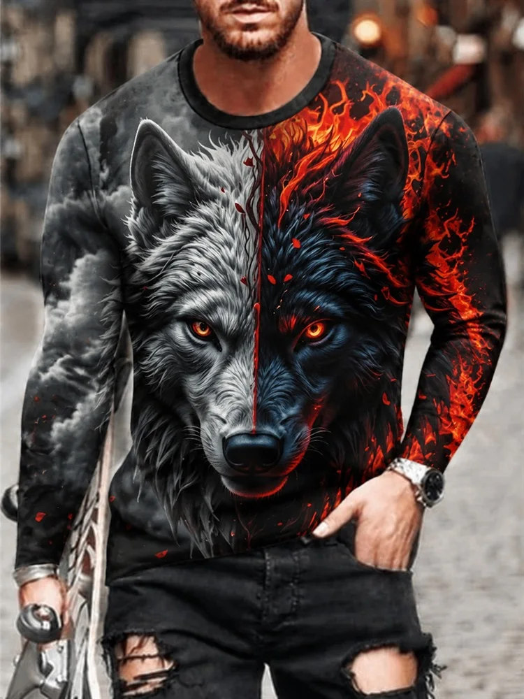Men's Split Face Wolf Long Sleeve T-Shirt Grey Smoke Red Flame Graphic Tee Pullover Tops Gift New Fashion Streetwear Hot