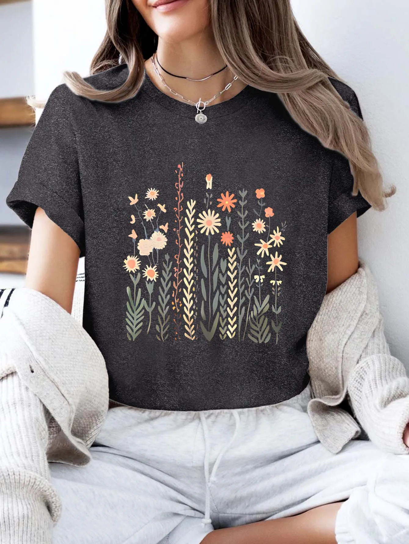 

Плюс - размер Футболка с коротким рукавом Женская одежда: Ручная работа - Написанная цветочная поле Природная графика