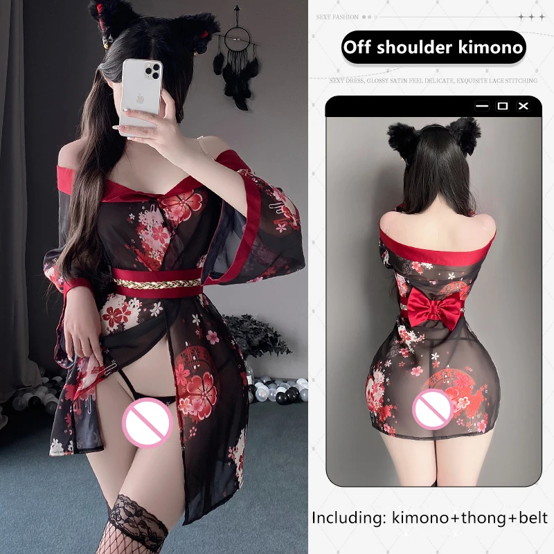 Off Shoulder Transparent Shoulder Strap Kimono Thong Set Erotic Women Game Uniform Bow Belt Japanese Kimono Perspective Pajamas