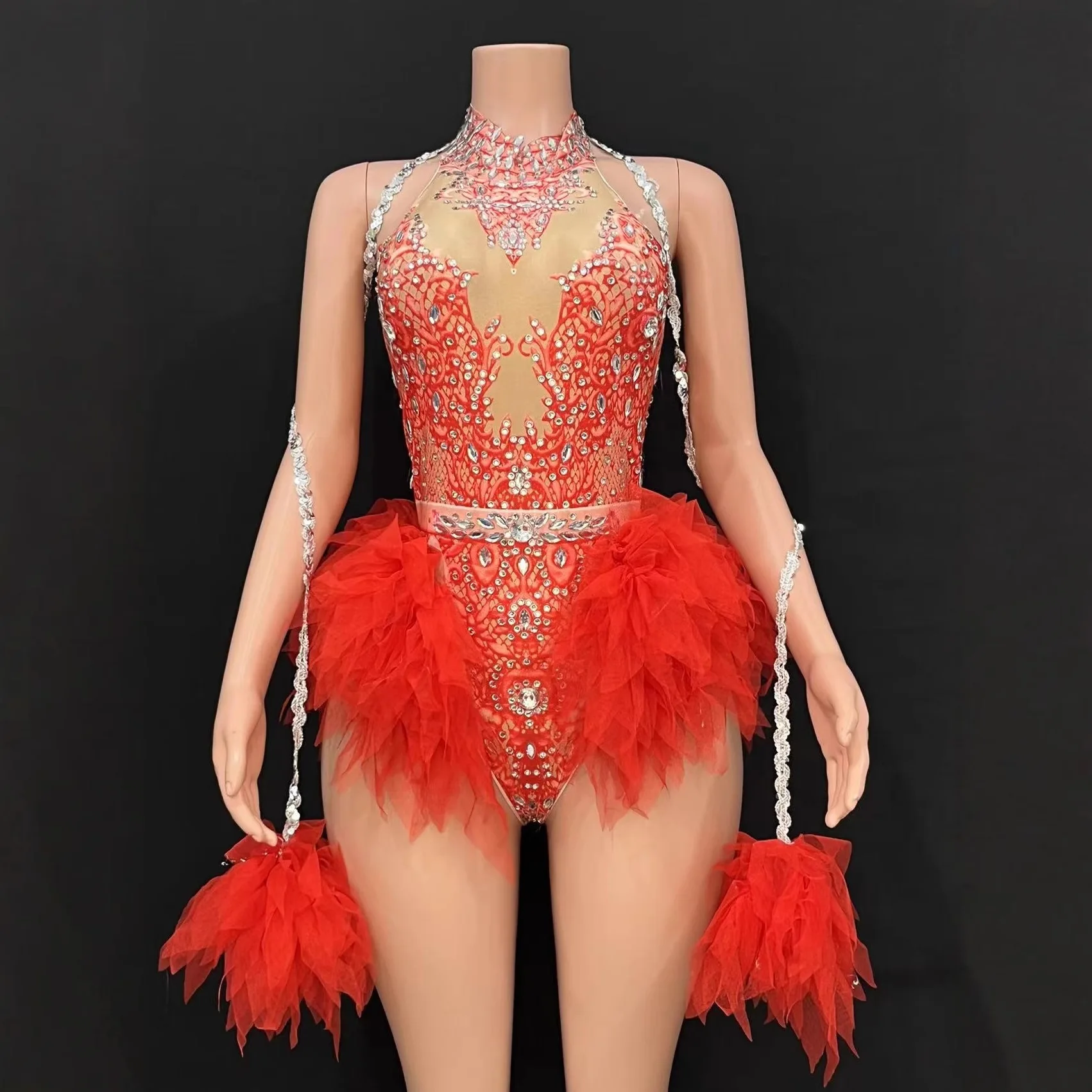 

GC Singer Dance Sparkling Rhinestone Elastic Slimming Pink Mesh Jumpsuit Stage Performance Costume Female Diamond Dress