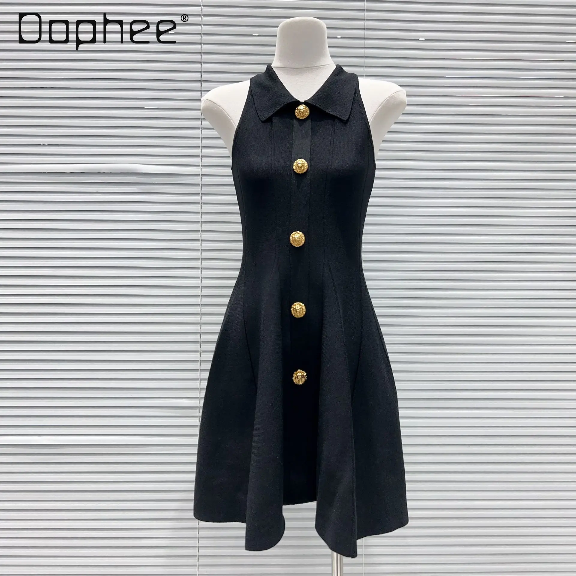 

Spring Summer New French Temperament Classic Style Metal Buckle Fashion Slim Polo Collar Sleeveless Dress Socialite A-line Dress